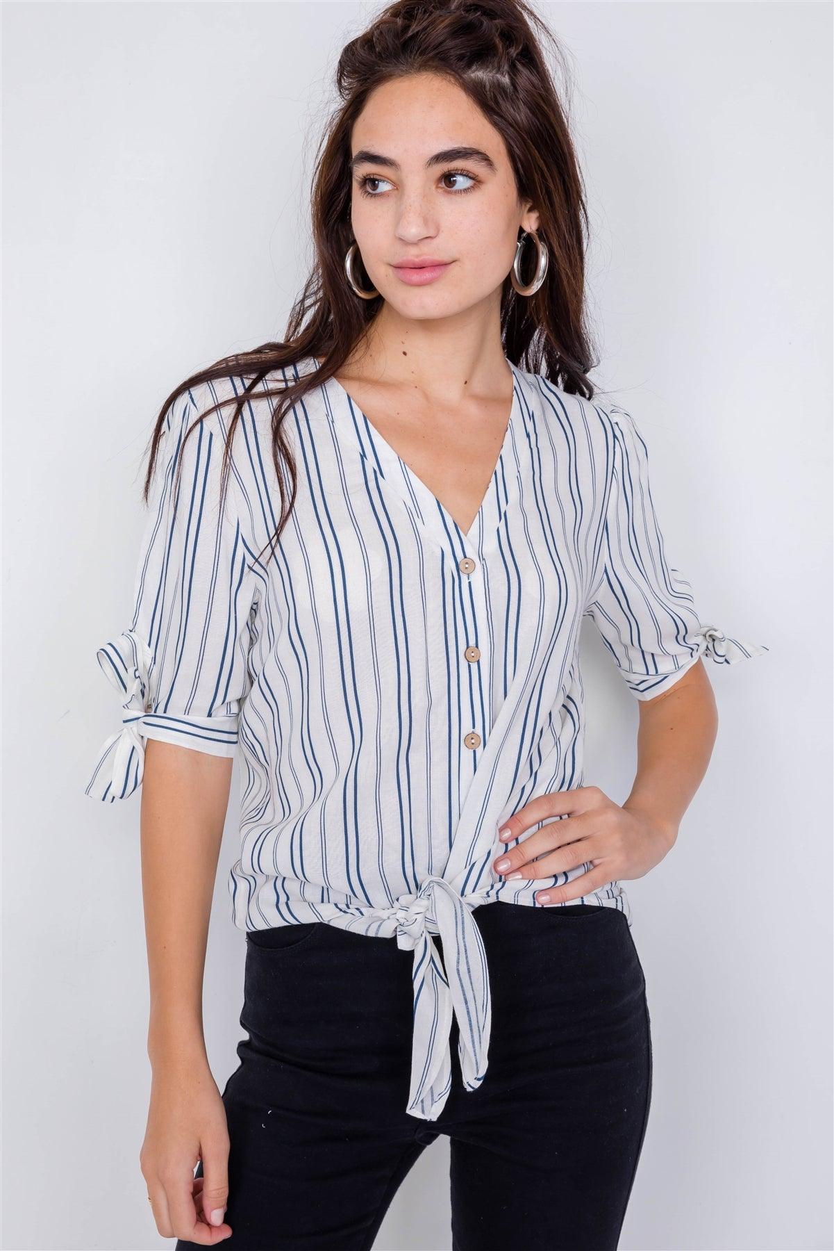 Navy & White Stripe 3/4 Sleeve Tie Cuff Office Chic Blouse   /3-2-1