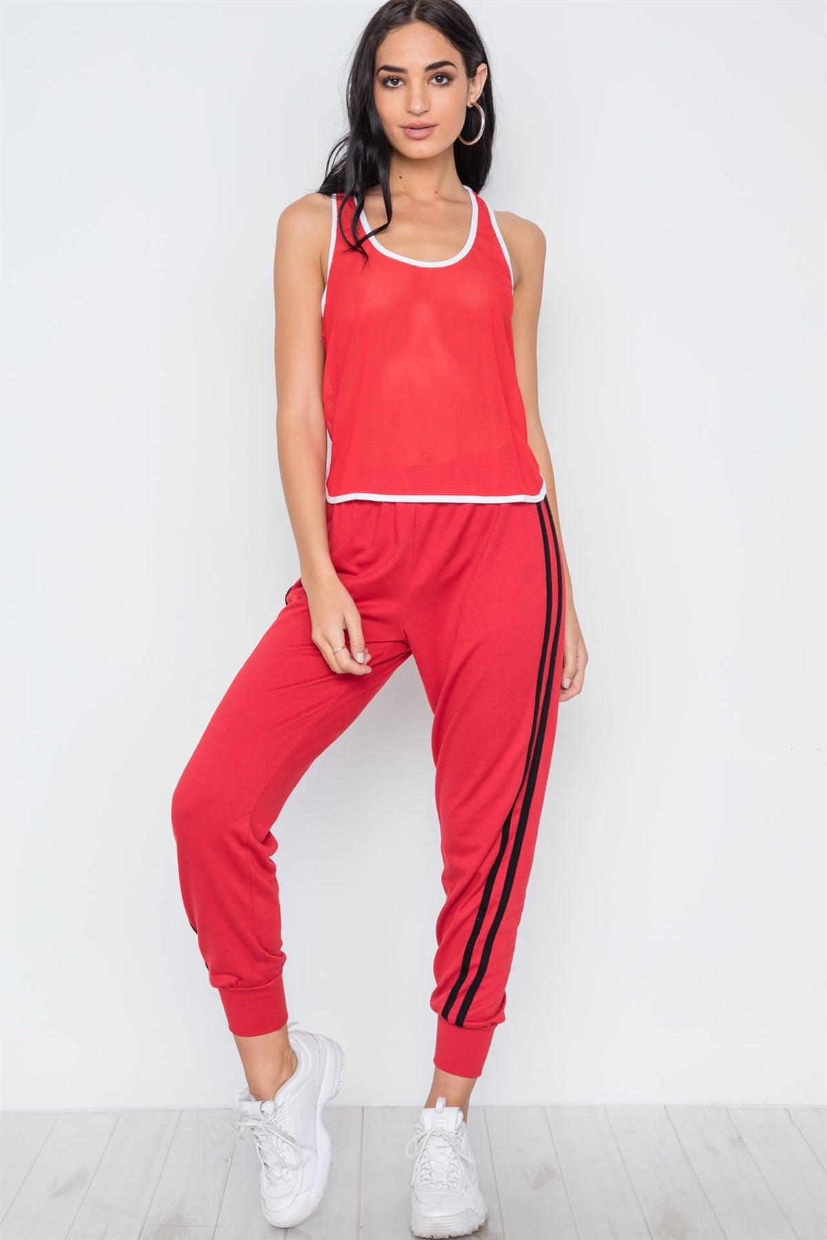 Red Contrast Trim Net Recerback Tank Top /2-2-1