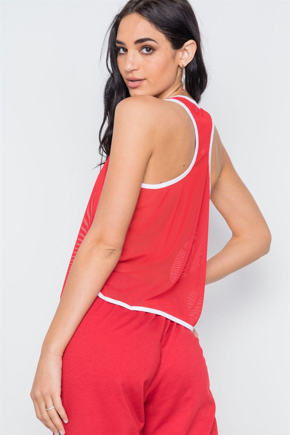 Red Contrast Trim Net Recerback Tank Top /2-2-1