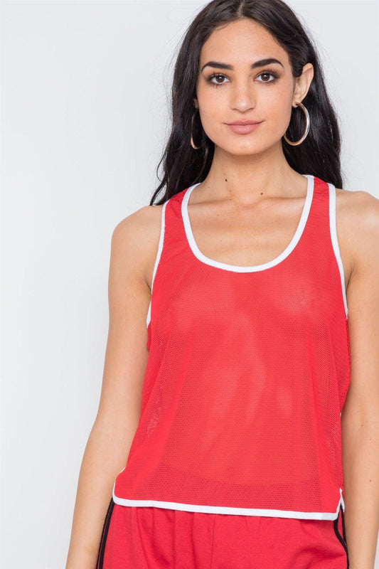 Red Contrast Trim Net Recerback Tank Top /3-2-1