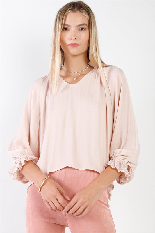 Boho Mauve Satin Effect Long Bishop Sleeve With Lace Trim V-Neck Loose Fit Top /2-2-1