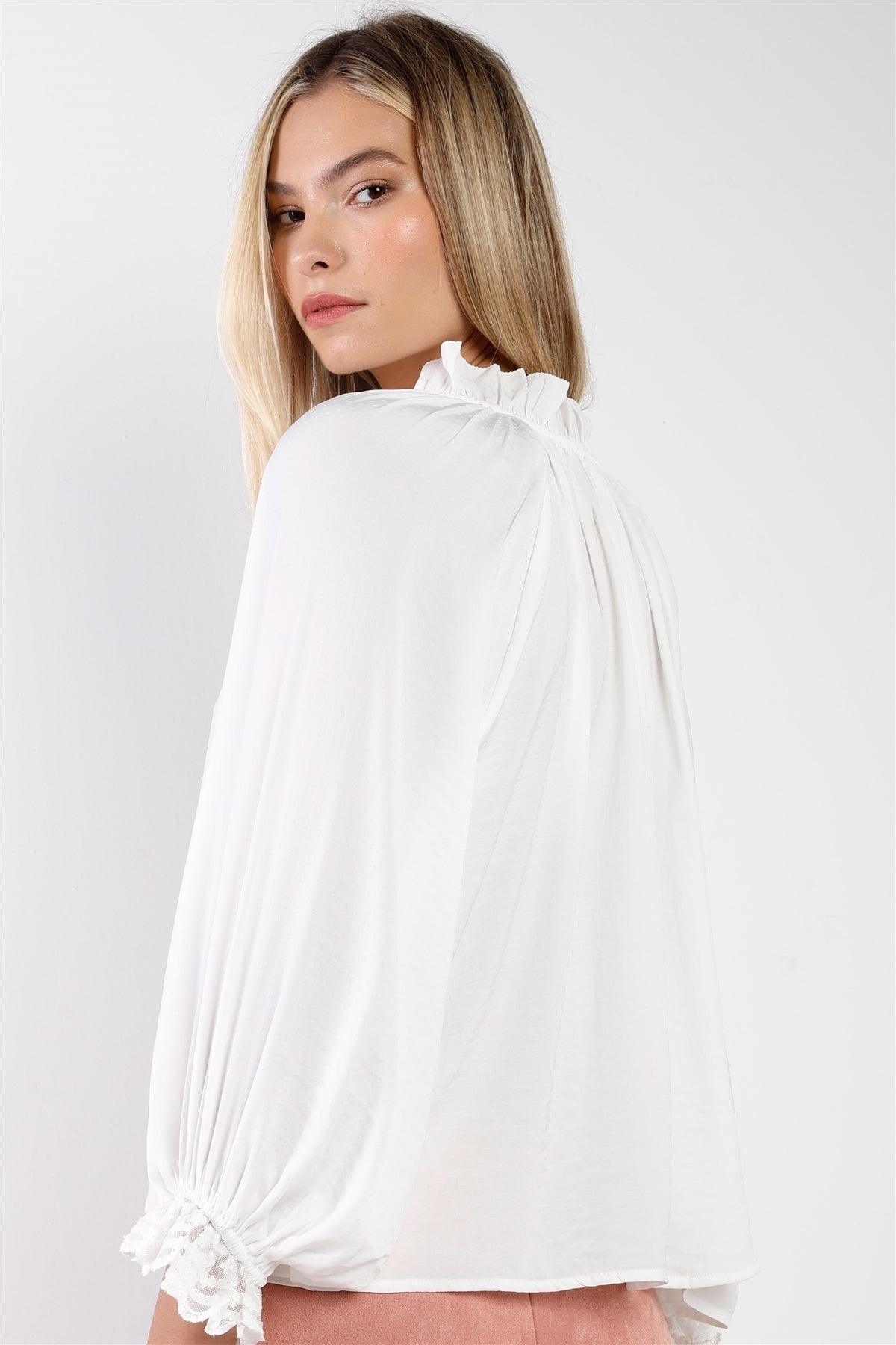 Boho White Satin Effect Long Bishop Sleeve With Lace Trim V-Neck Loose Fit Top /2-2-1