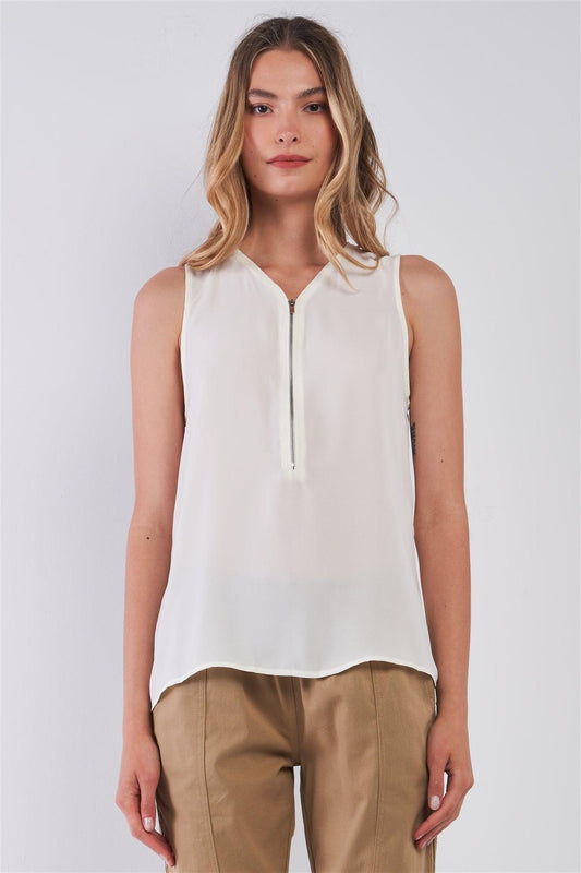 Off-White Sleeveless Zip-Up Detail V-Neck Relaxed Top /1-2-2-1