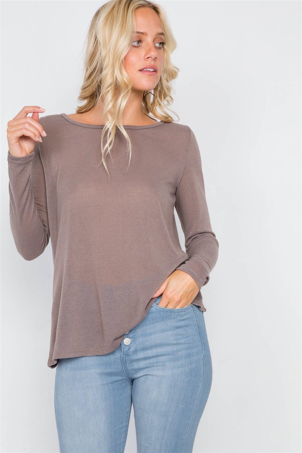 Cocoa Sheer Open Back Tie Long Sleeve Top /3-2-1