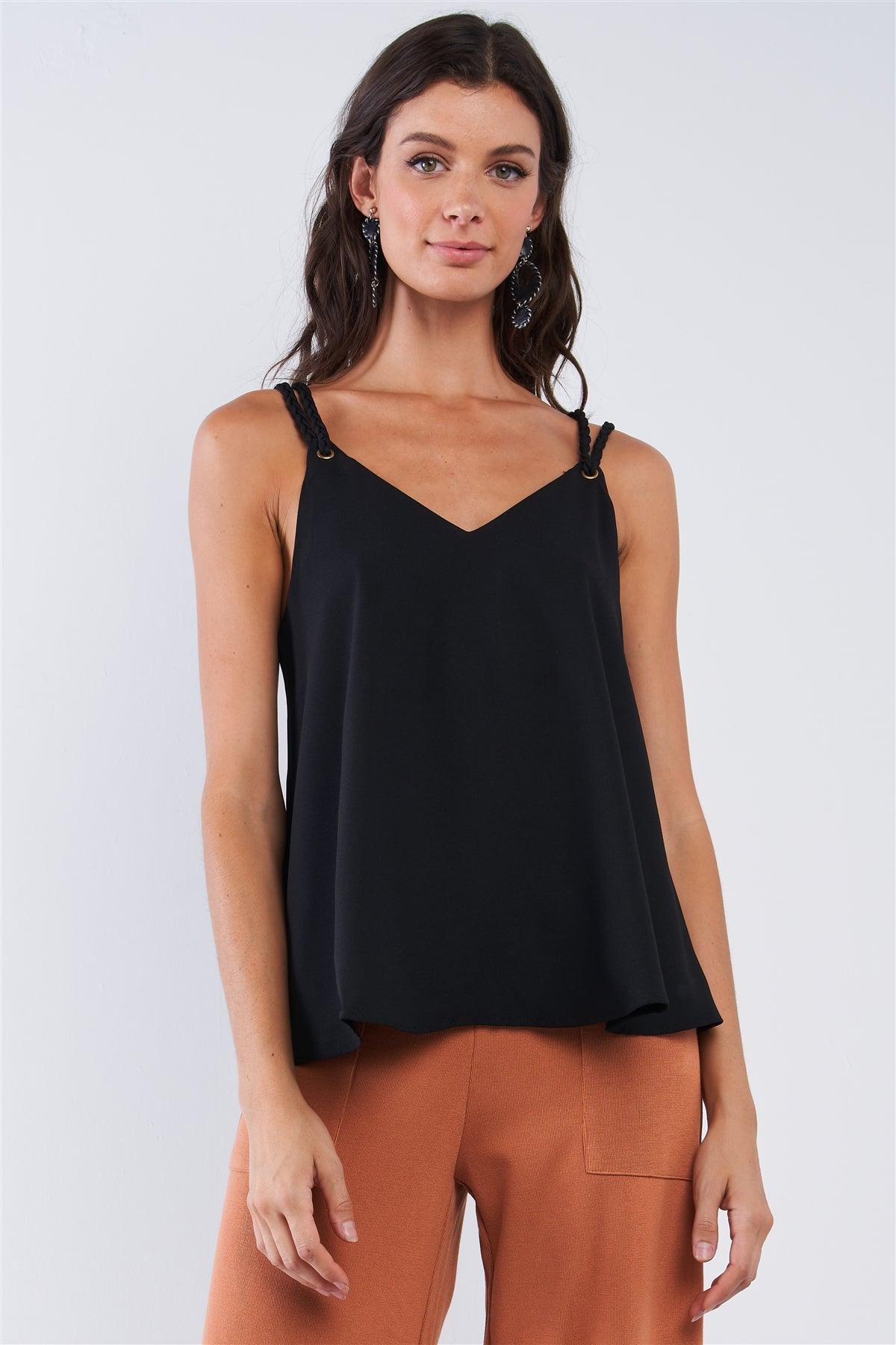 Solid Black Loose Fit Braided V-Neck Tassel Strap Cami Top /1-2-2-1