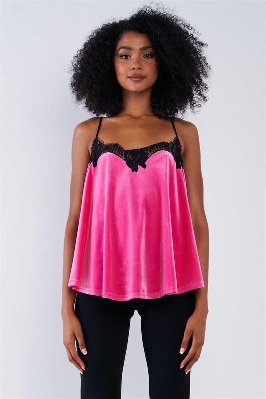 Raspberry Pink Velvet Black Lace Hem Detail Cami Top /1-2-2-1