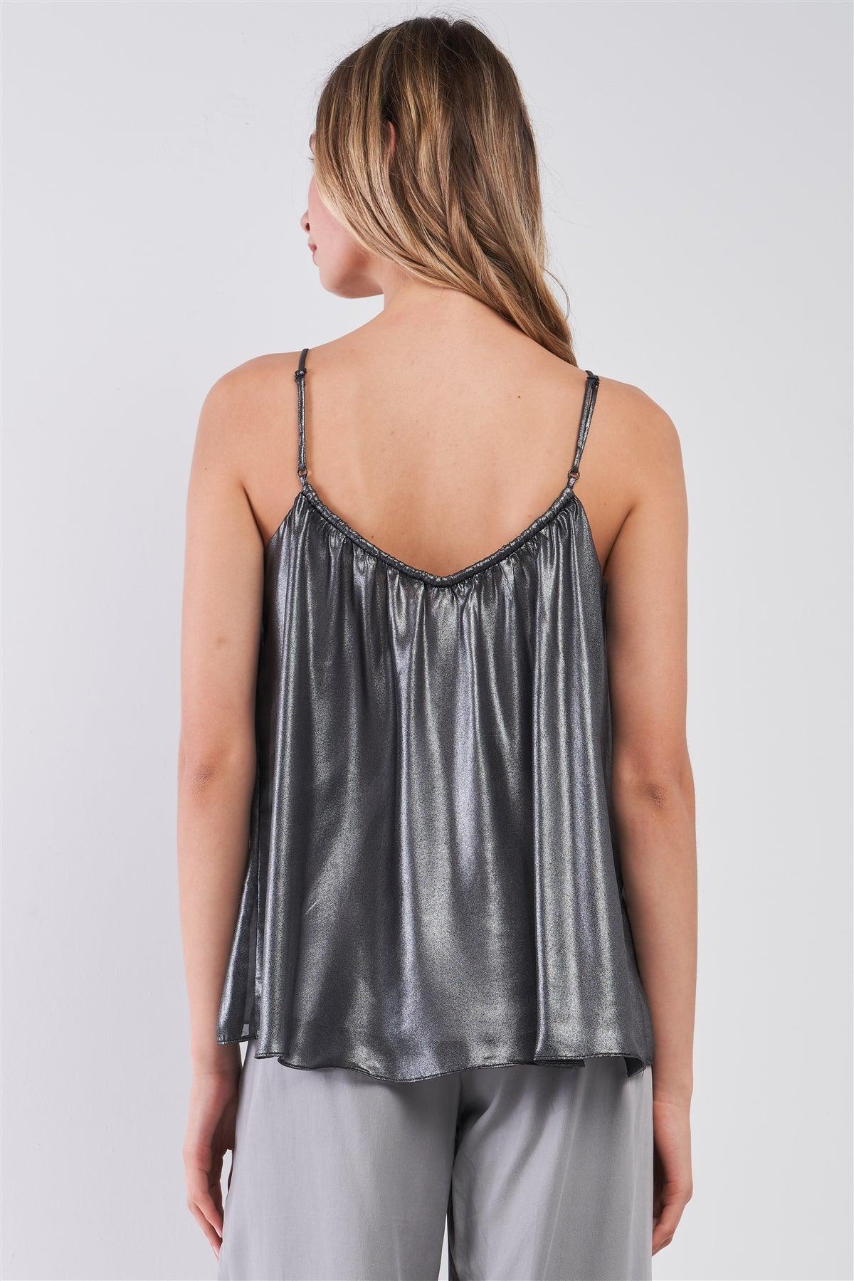 Silver Black Soft V-Neck Sleeveless Gathered Loose Fit Top /1-2-2-1