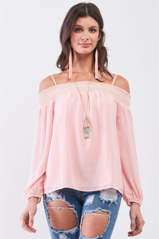 Blush Long Sleeve Smocked Off-The-Shoulder Chiffon Top