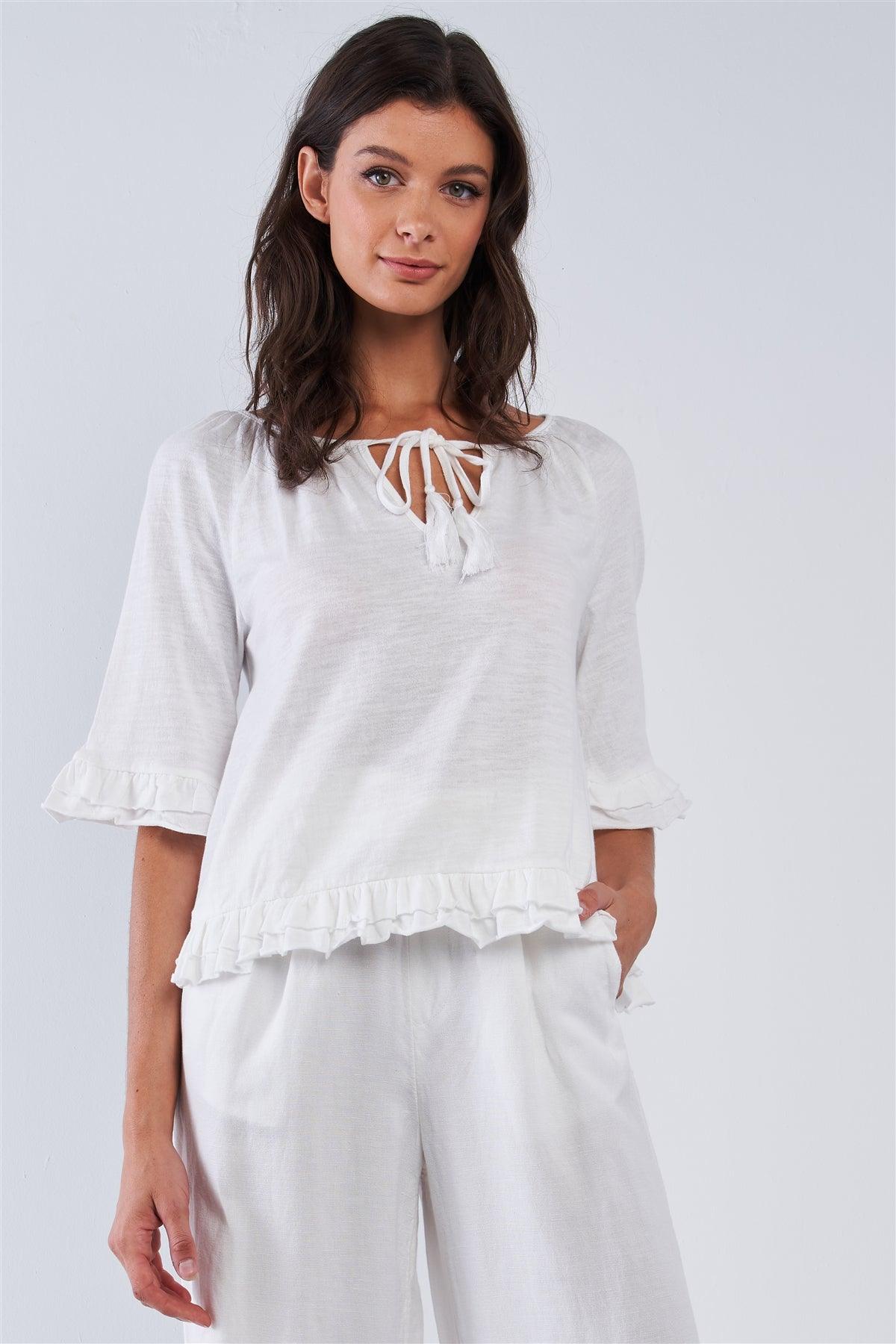 Solid White Cotton Loose Fit Mid Sleeve Ruffle Hem Country Style Peasant Top /1-2-2-1