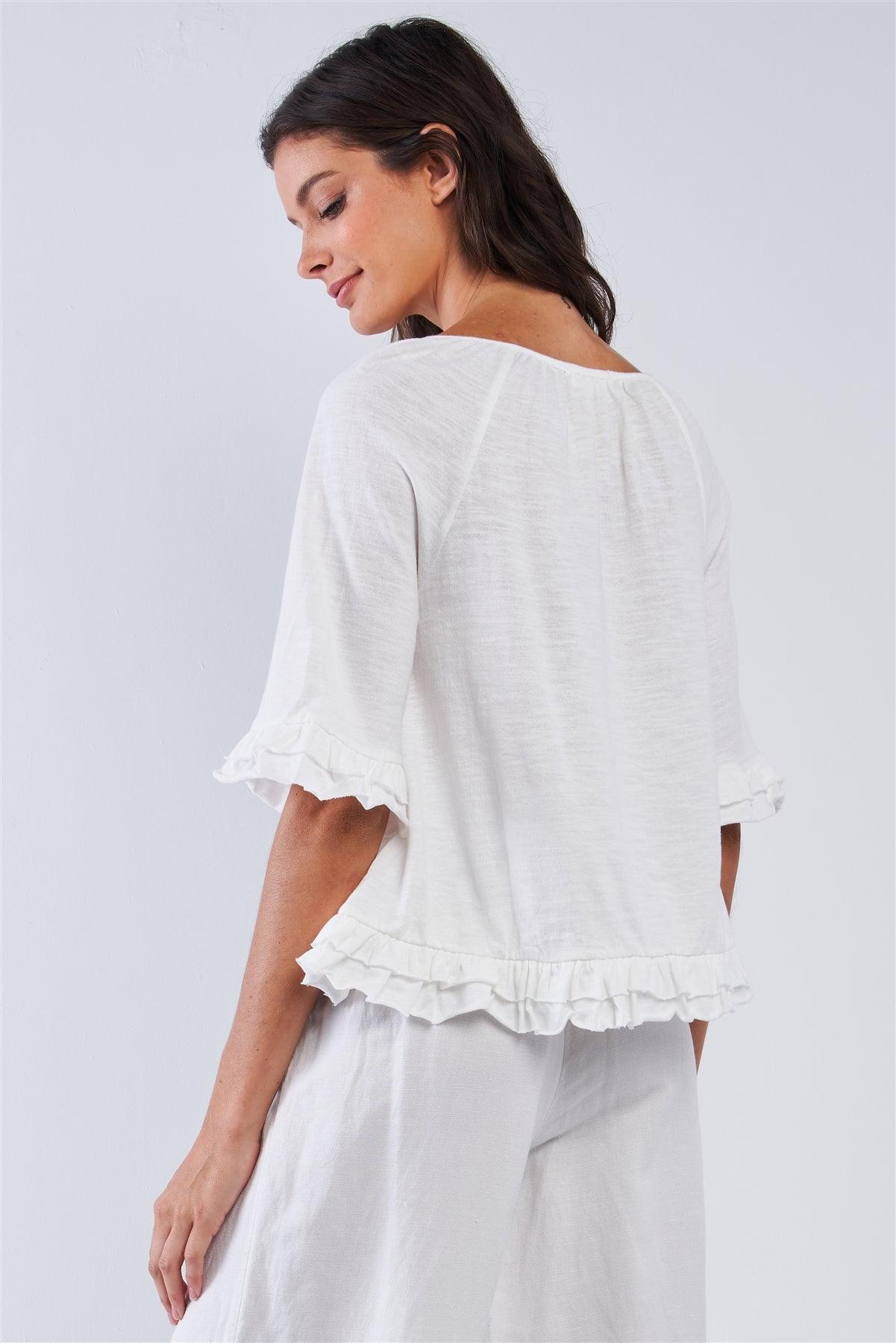 Solid White Cotton Loose Fit Mid Sleeve Ruffle Hem Country Style Peasant Top /1-2-2-1