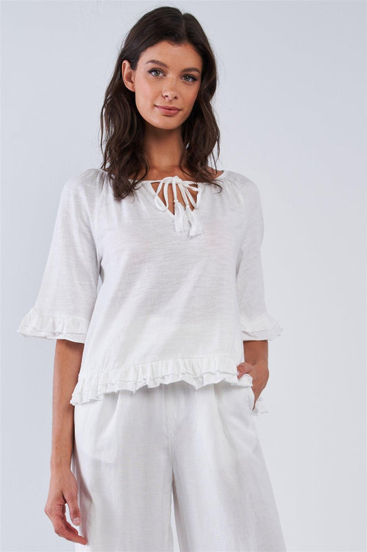 Solid White Cotton Loose Fit Mid Sleeve Ruffle Hem Country Style Peasant Top