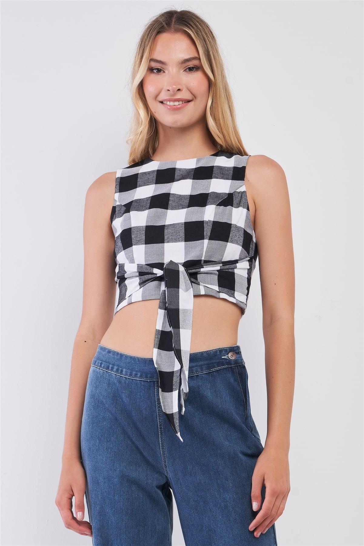 Black & White Buffalo Plaid Sleeveless Crew Neck Tie Front Cropped Top /1-2-2