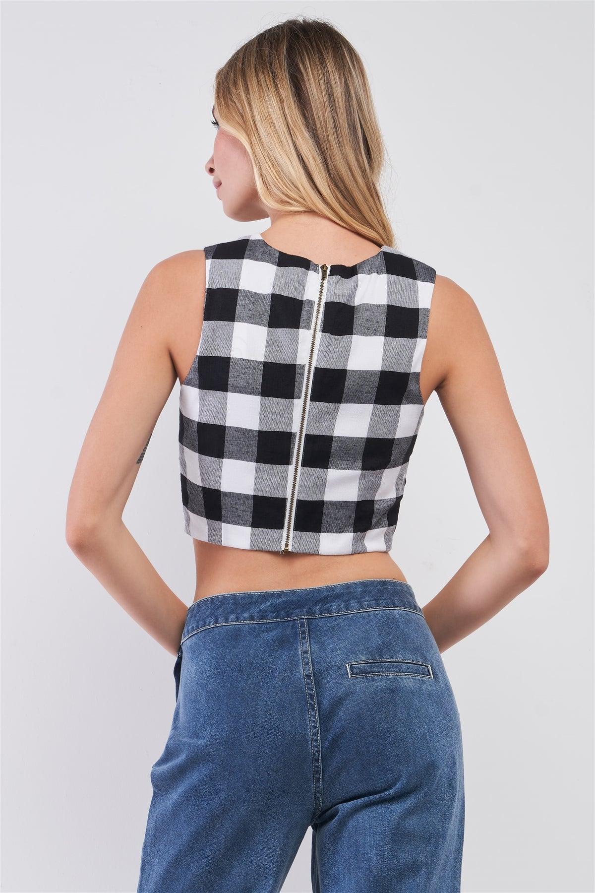 Black & White Buffalo Plaid Sleeveless Crew Neck Tie Front Cropped Top /1-2-2