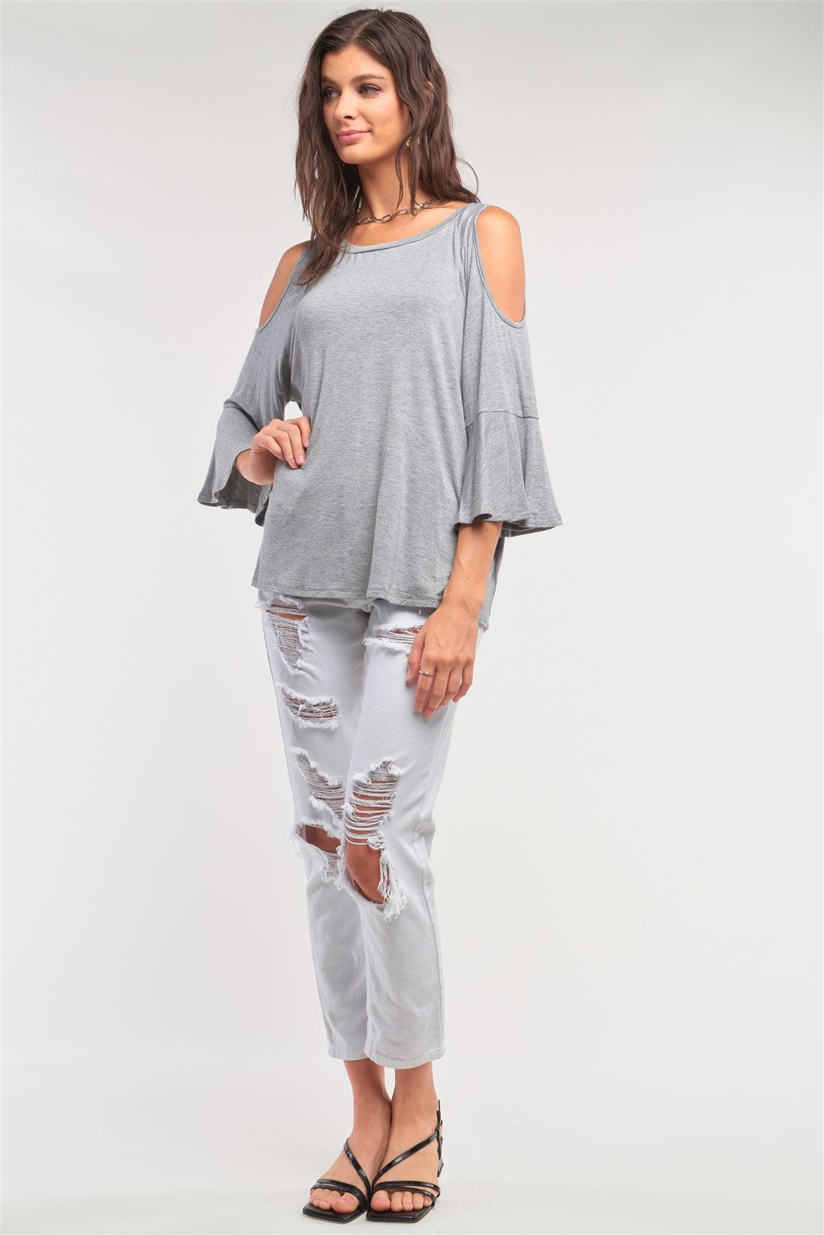 Grey Cut-Out Shoulder Midi Sleeve Relaxed Fit Crew Neck Top /1-3-2-1