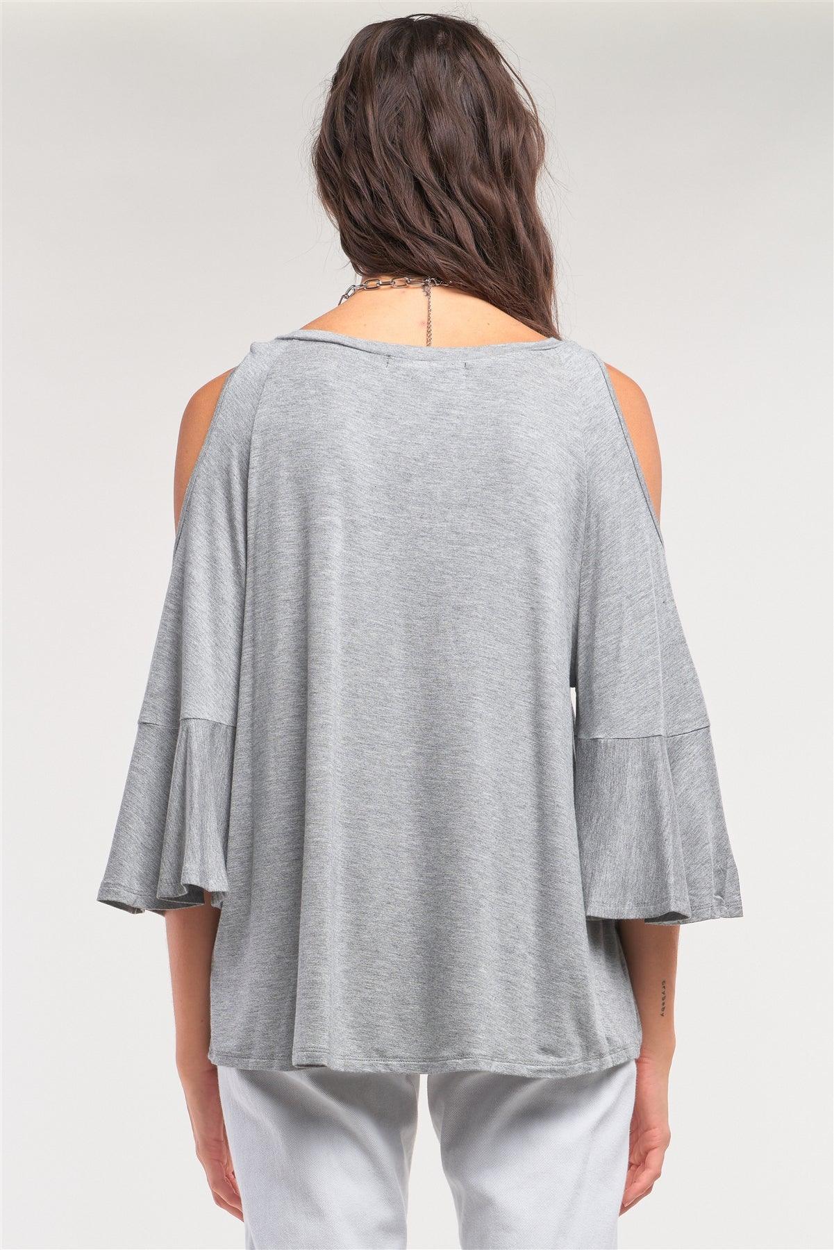 Grey Cut-Out Shoulder Midi Sleeve Relaxed Fit Crew Neck Top /1-3-2-1