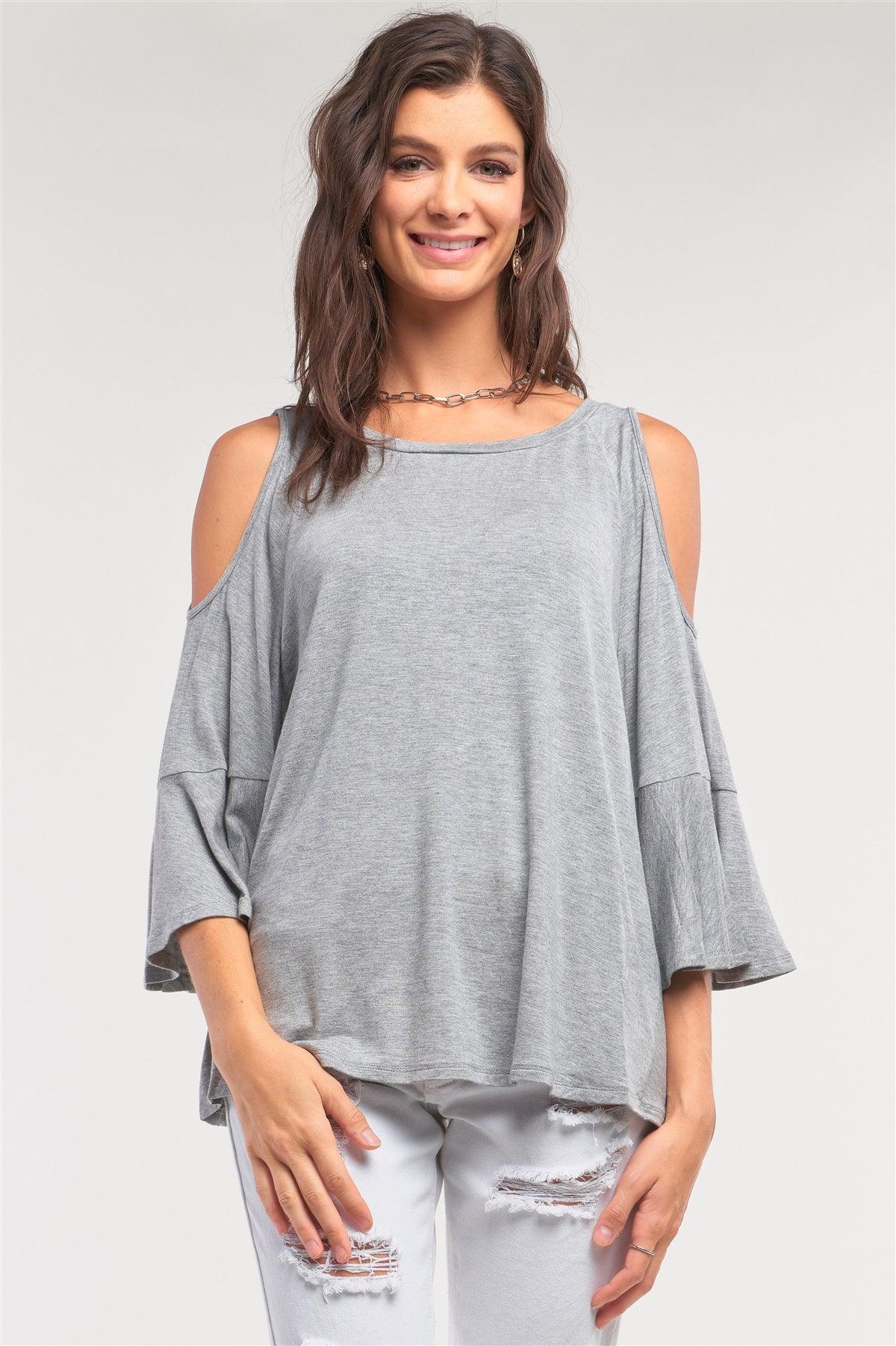 Grey Cut-Out Shoulder Midi Sleeve Relaxed Fit Crew Neck Top /1-3-2-1