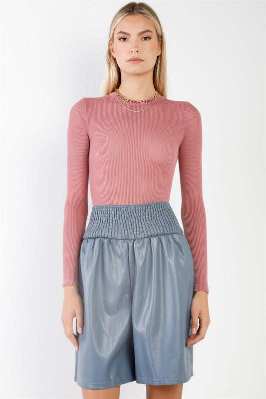 Dusty Rose Ribbed Knit Long Sleeve Bodysuit /2-2-1