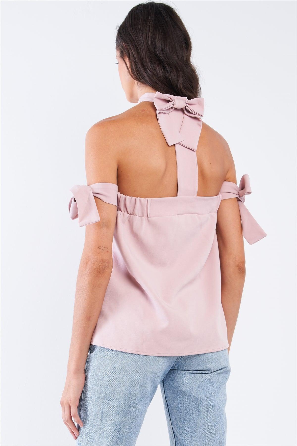 Mauve Pink Casual Bow Tie T-Silhouette Back Halter Tie Ribbon Sleeve Relaxed Fit Tunic Tube Top With Elastic Chest Hem /1-2-2-1