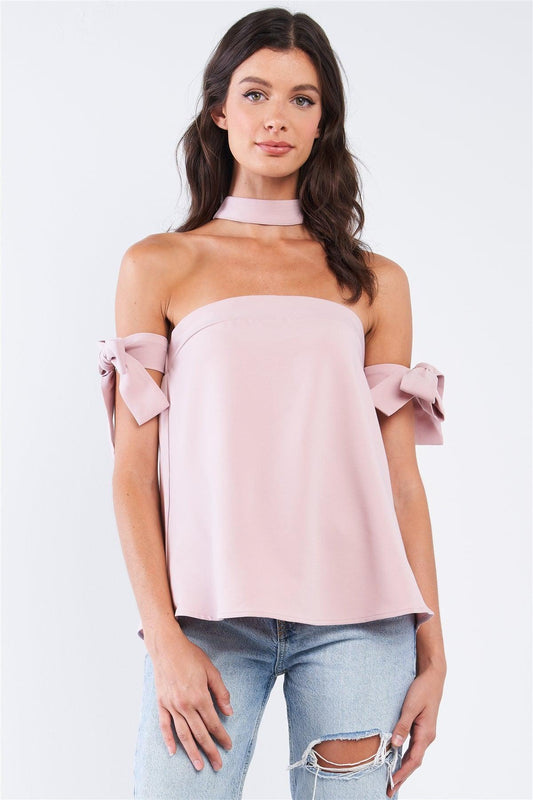 Mauve Pink Casual Bow Tie T-Silhouette Back Halter Tie Ribbon Sleeve Relaxed Fit Tunic Tube Top With Elastic Chest Hem