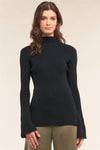 Black Ribbed Semi-Turtleneck Long Trumpet Sleeve Fitted Sweater /2-3