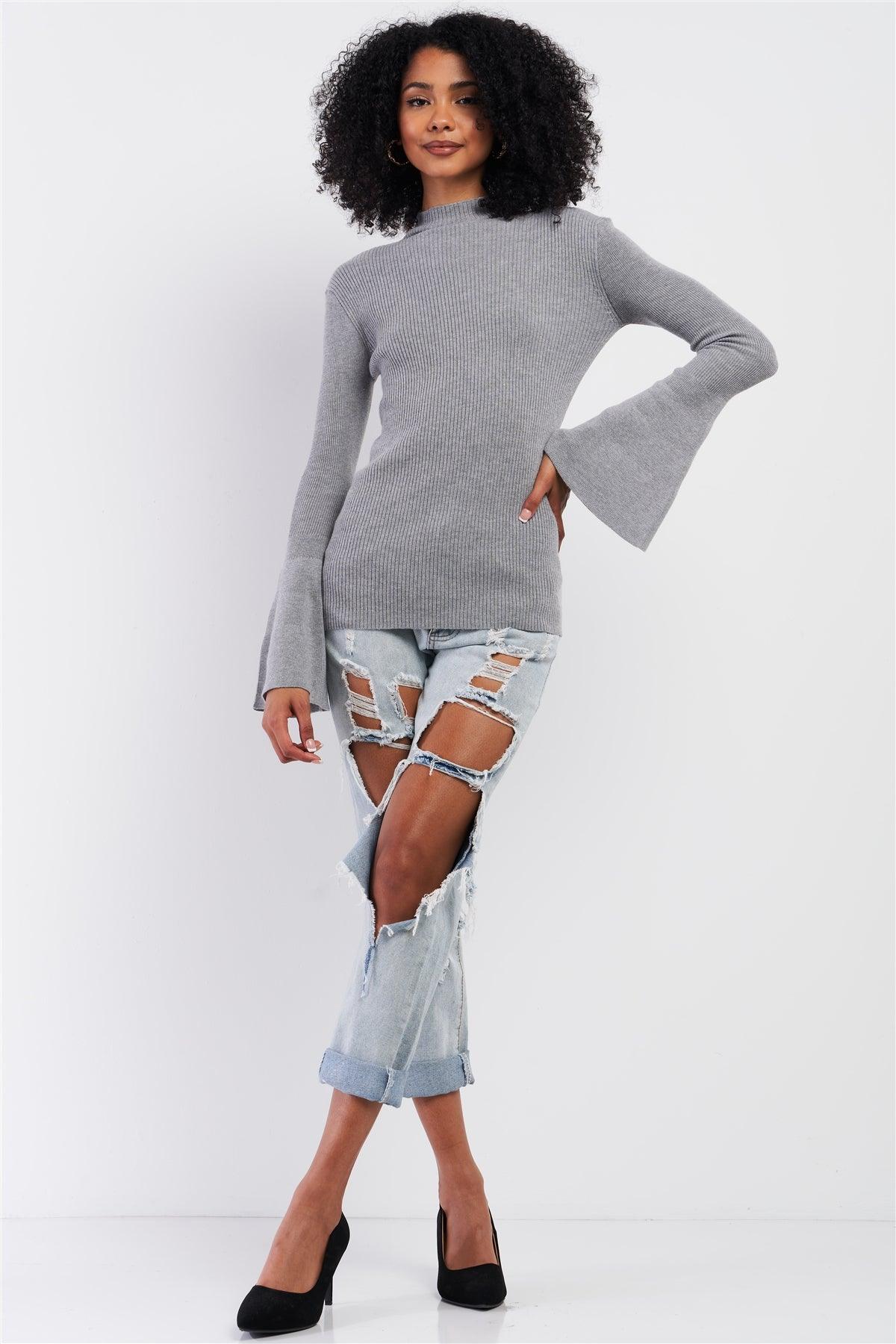 Grey Ribbed Semi-Turtleneck Long Trumpet Sleeve Fitted Sweater /2-3