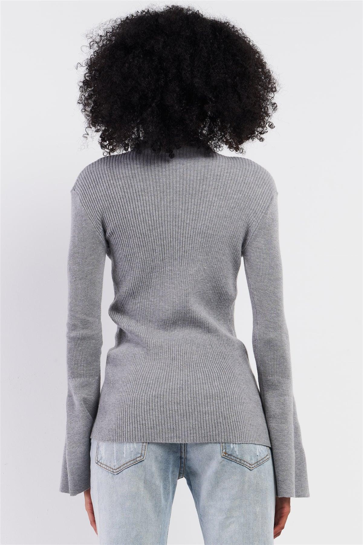 Grey Ribbed Semi-Turtleneck Long Trumpet Sleeve Fitted Sweater /2-3