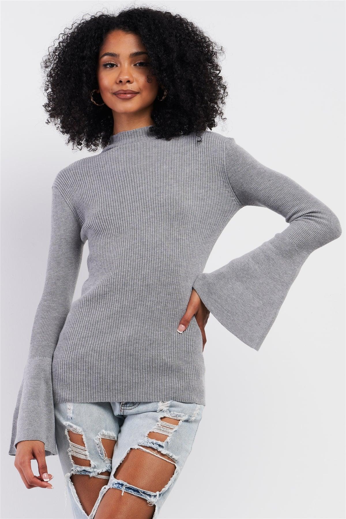 Grey Ribbed Semi-Turtleneck Long Trumpet Sleeve Fitted Sweater /2-3