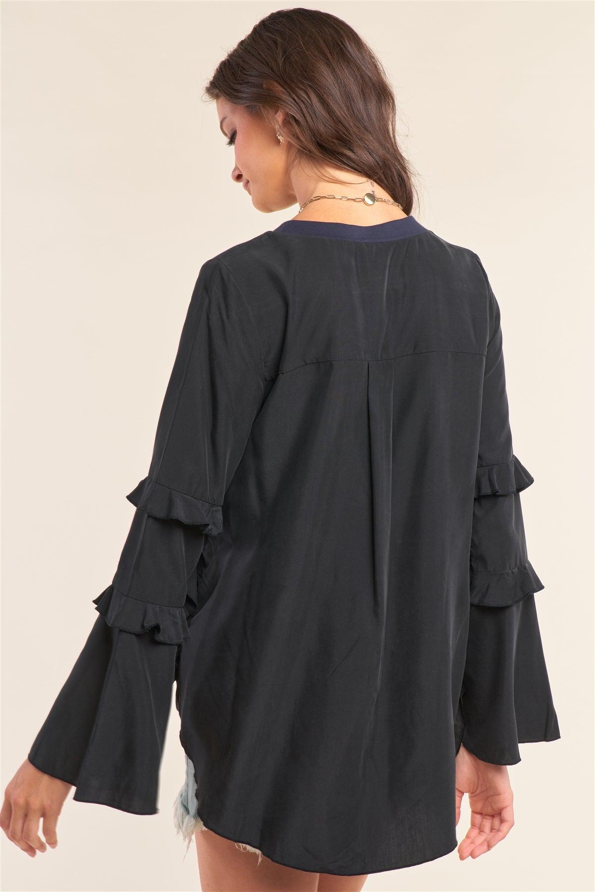 Black&Blue Asymmetrical Mixed Crew Neck Long Sleeve Ruffle Trim Self-Tie Detail Flare Bottom Top /1-2-2-1