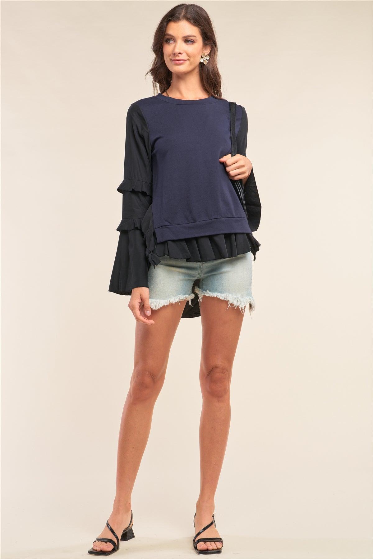 Black&Blue Asymmetrical Mixed Crew Neck Long Sleeve Ruffle Trim Self-Tie Detail Flare Bottom Top /1-2-2-1