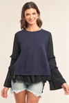 Black&Blue Asymmetrical Mixed Crew Neck Long Sleeve Ruffle Trim Self-Tie Detail Flare Bottom Top /2-2-2