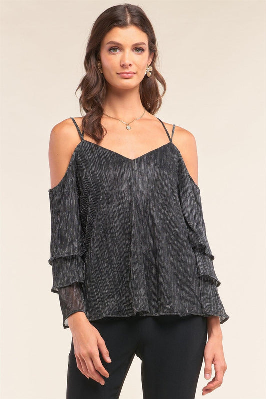 Silver Lining Shimmer Mesh Off-The-Shoulder Long Layered Sleeve Relaxed Fit V-Neck Crisscross Back Top /2-3