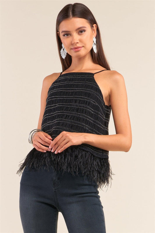 Midnight Black Sleeveless Square Neck Smock Detail Clear Beads Embroidered Ostrich Feather Hem Babydoll Top /1-2-2-1