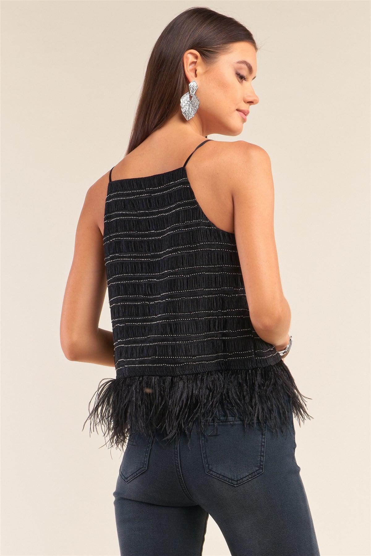 Midnight Black Sleeveless Square Neck Smock Detail Clear Beads Embroidered Ostrich Feather Hem Babydoll Top /1-2-2-1