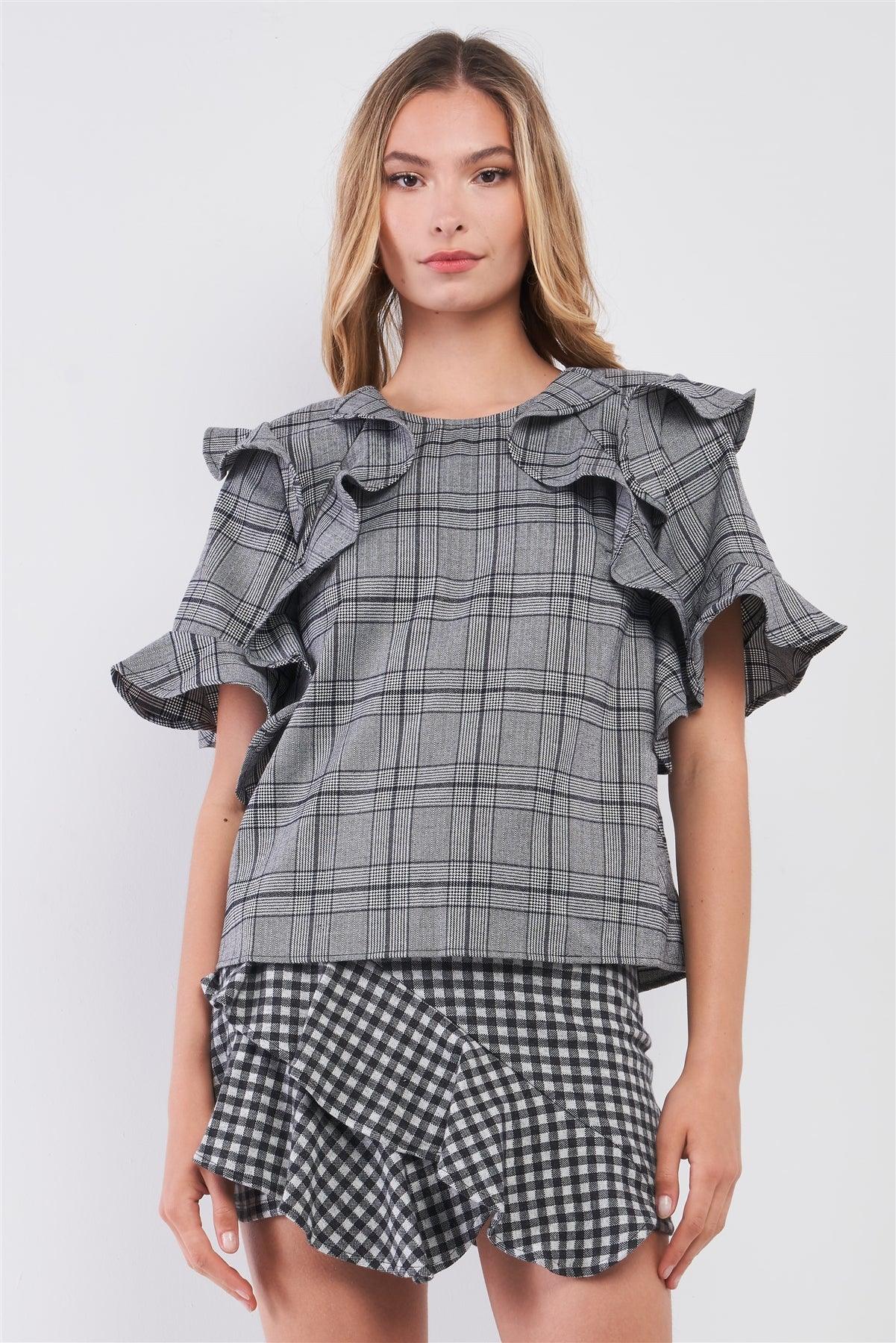 Grey Glen Plaid Print Ruffle Shoulder Trim Relaxed Top /2-2