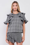 Grey Glen Plaid Print Ruffle Shoulder Trim Relaxed Top /1-1-2