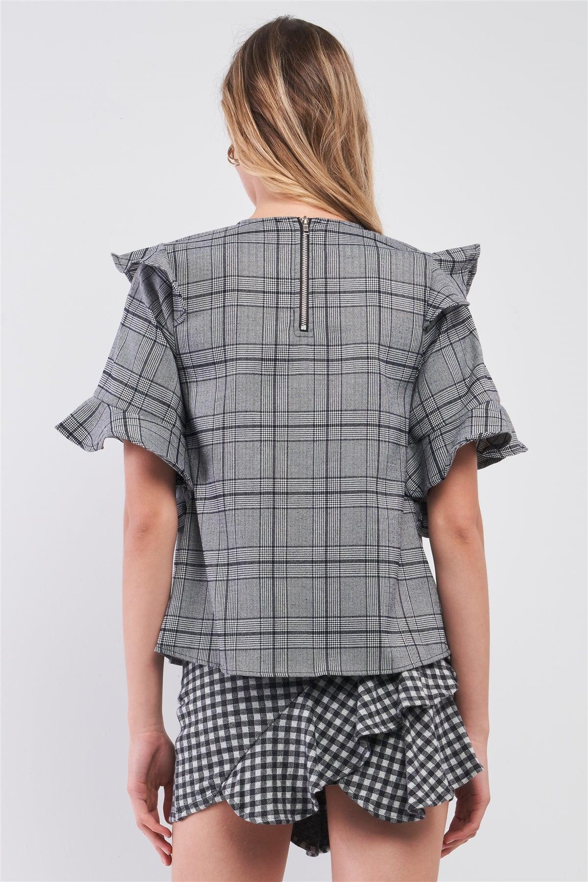 Grey Glen Plaid Print Ruffle Shoulder Trim Relaxed Top /1-1-2