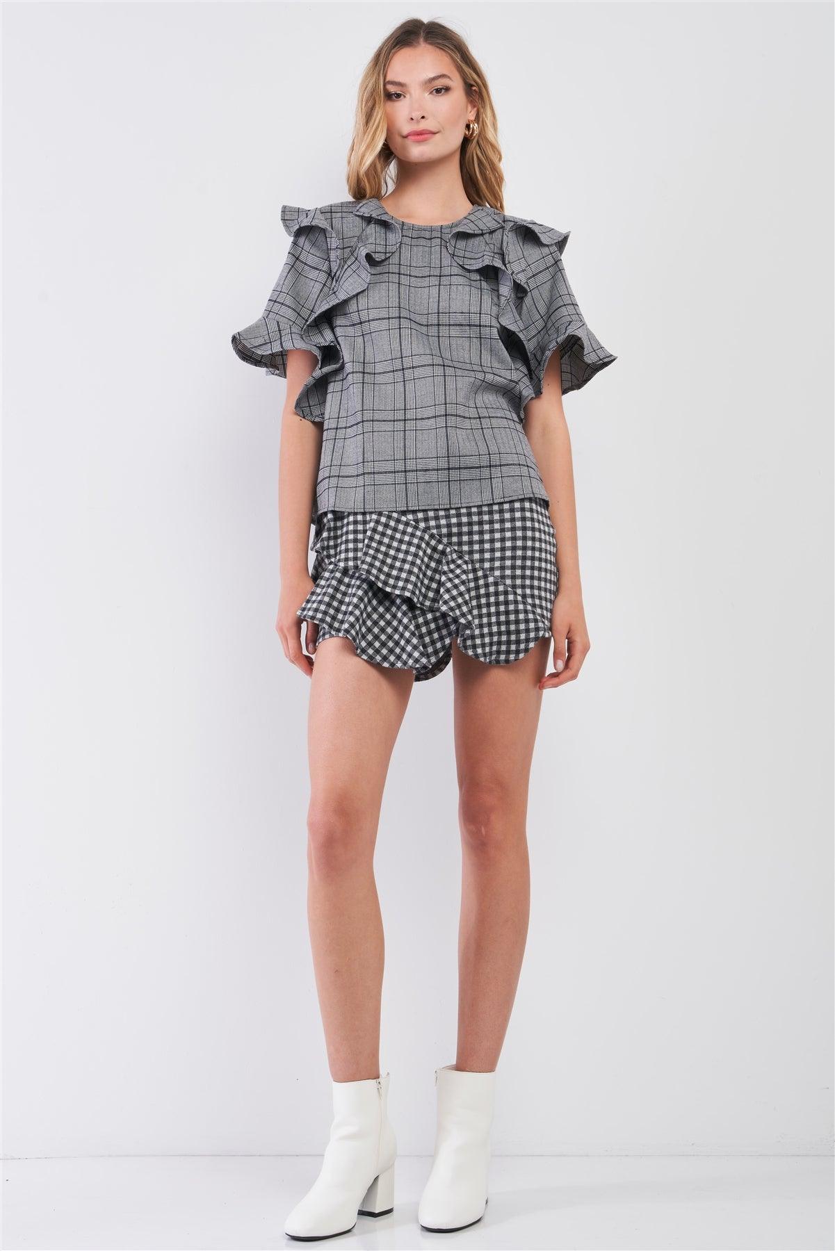 Grey Glen Plaid Print Ruffle Shoulder Trim Relaxed Top /1-1-2