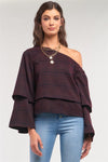 Plum Navy Plaid One-Shoulder Long Sleeve Loose Fit Layered Top /1-3-2-1-1