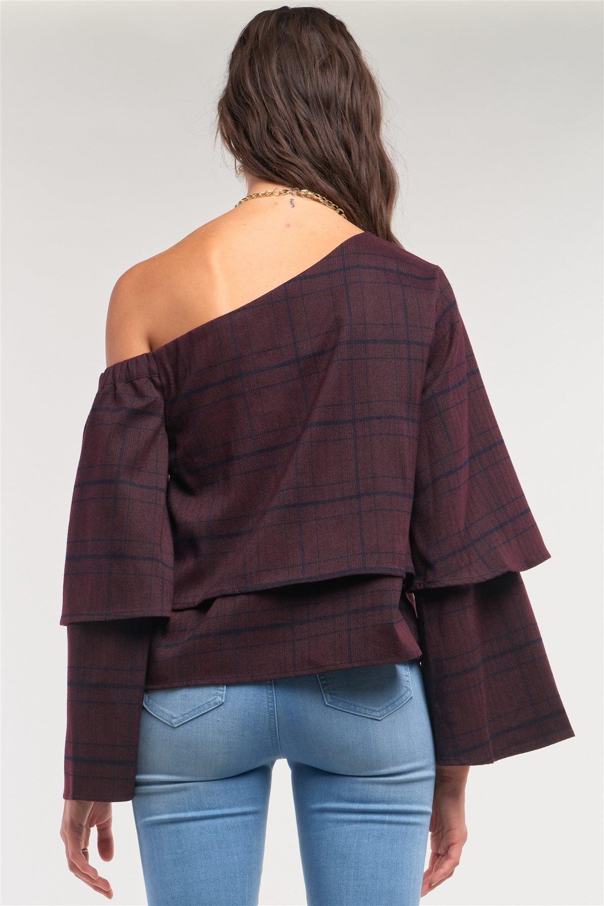 Plum Navy Plaid One-Shoulder Long Sleeve Loose Fit Layered Top /1-3-2-1-1