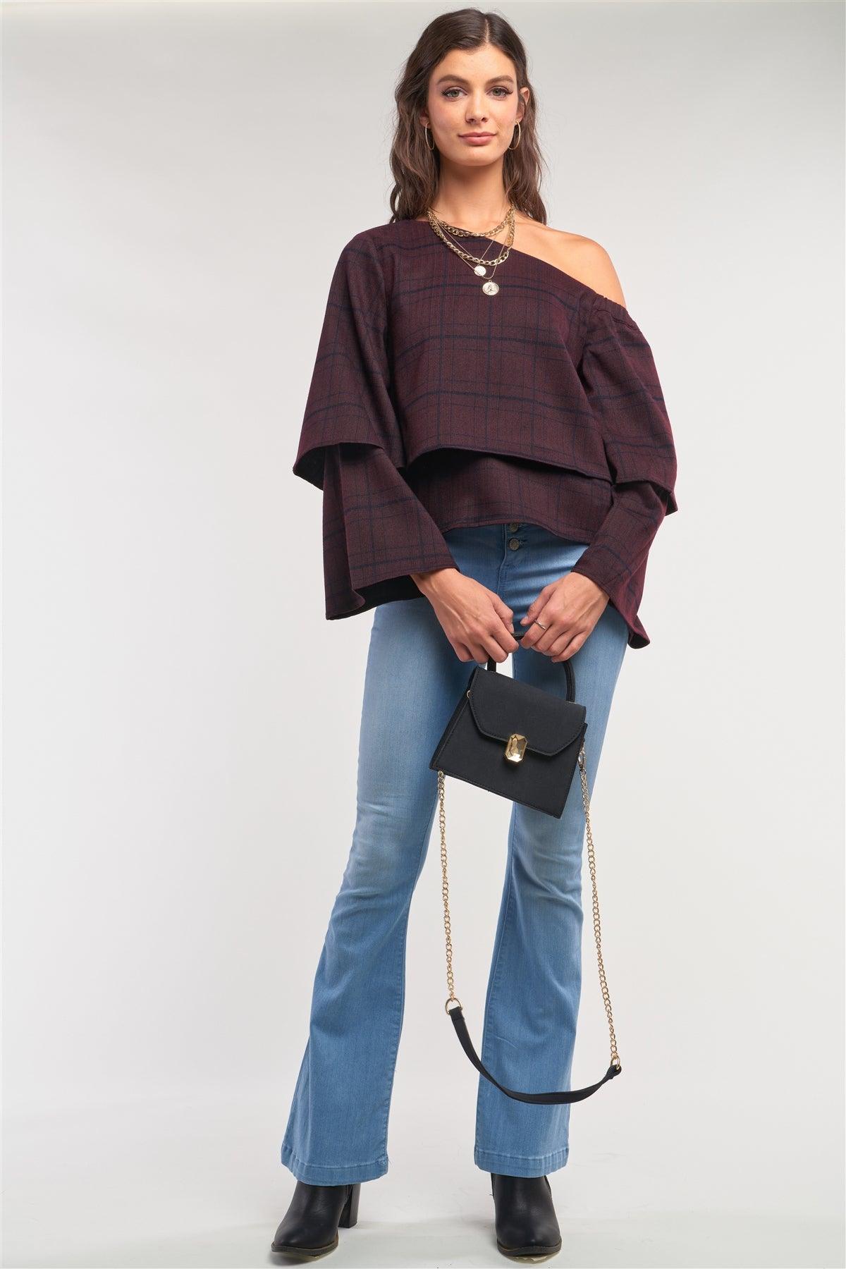 Plum Navy Plaid One-Shoulder Long Sleeve Loose Fit Layered Top /1-3-2-1-1