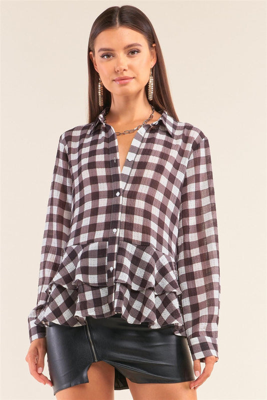 Back To School Black&White Checkered Crinkle Mesh Long Sleeve Collared Button Down Flare Hem Shirt /3-2