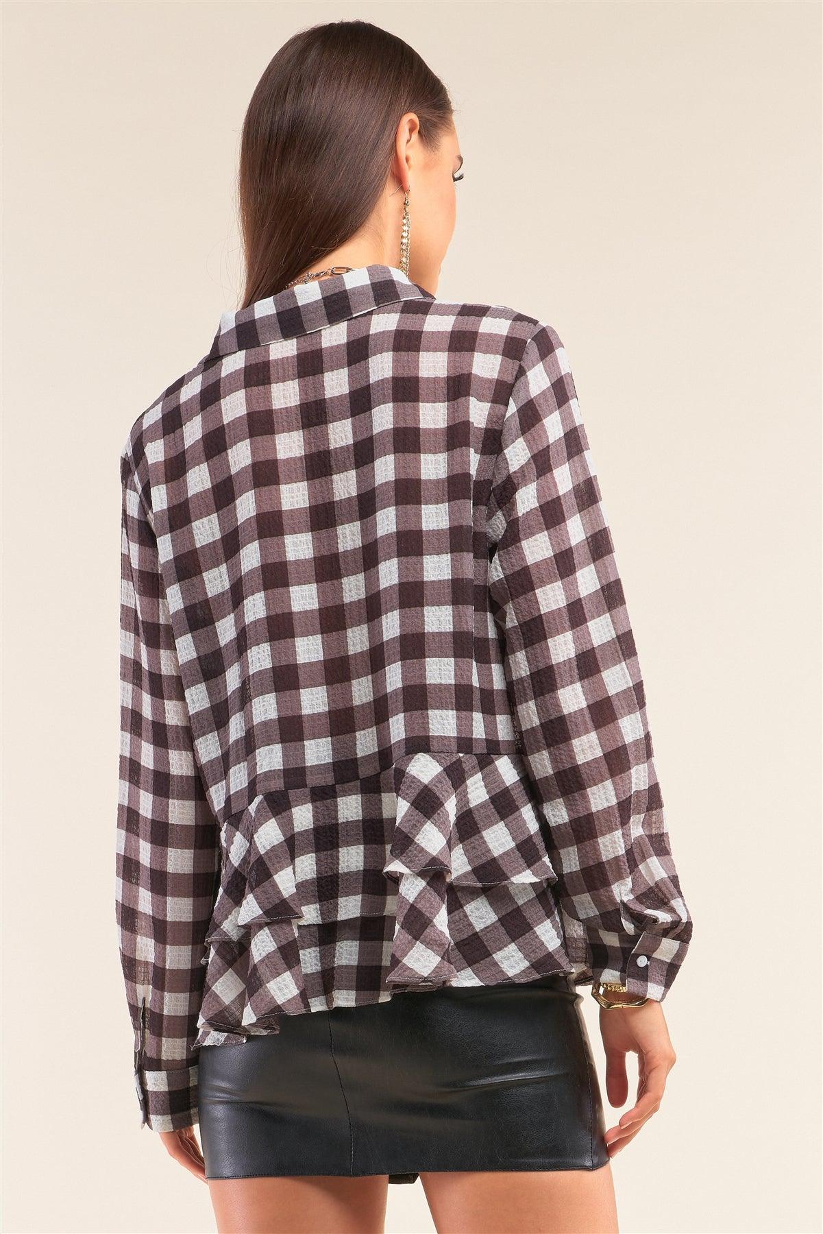 Back To School Black&White Checkered Crinkle Mesh Long Sleeve Collared Button Down Flare Hem Shirt /3-2