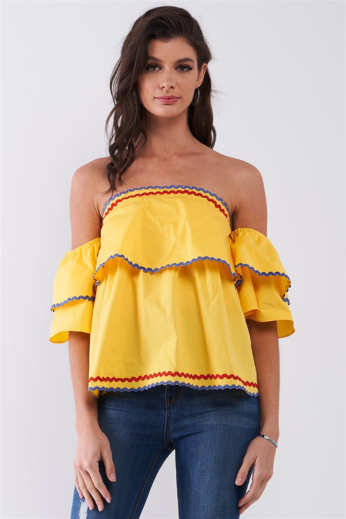 Yellow Pop Off-The-shoulder Ruffle Trim Puff Sleeve Detail Top /1-2-2-1