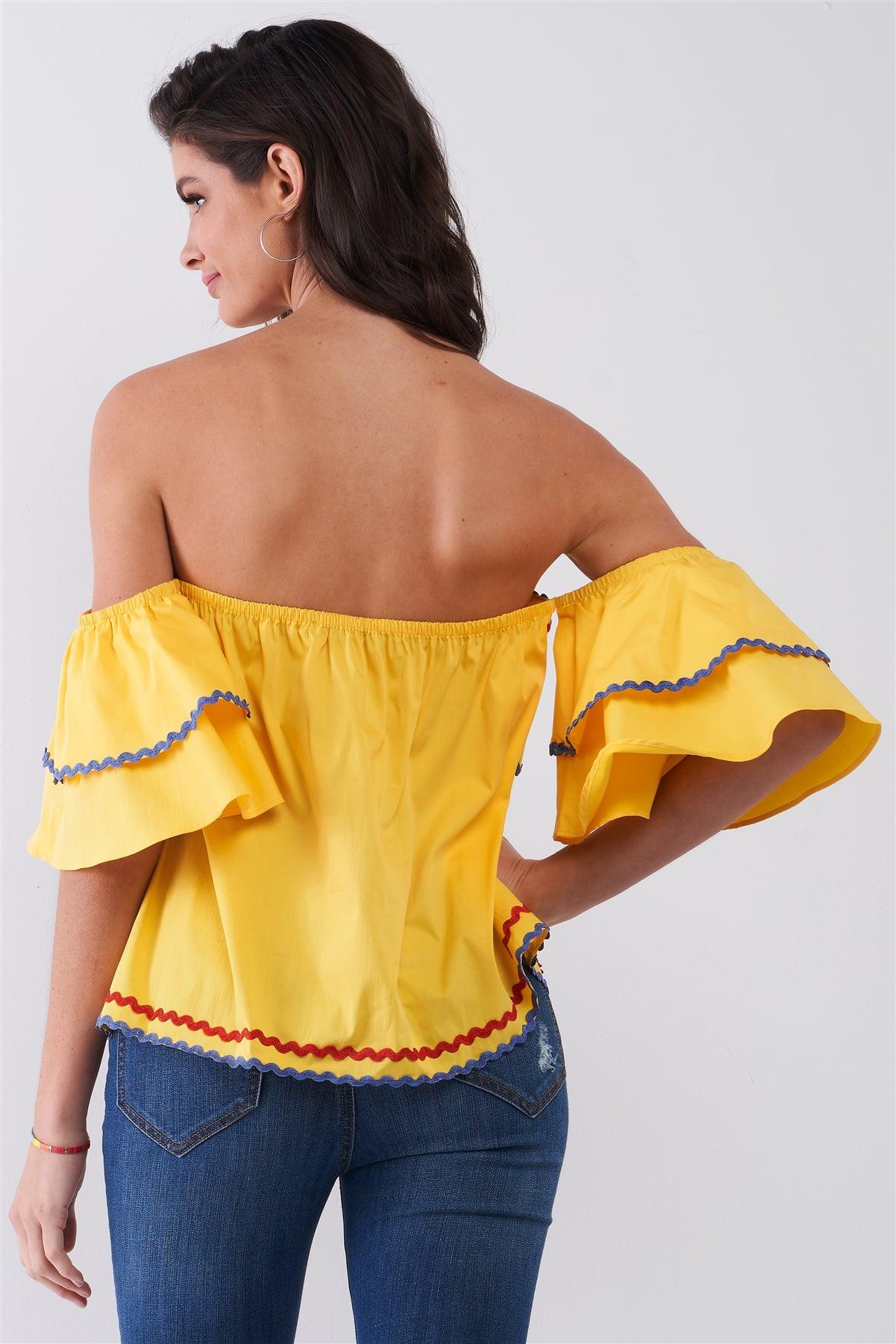 Yellow Pop Off-The-shoulder Ruffle Trim Puff Sleeve Detail Top /1-2-2-1