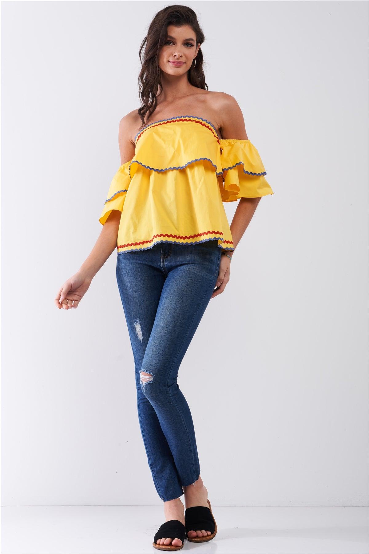 Yellow Pop Off-The-shoulder Ruffle Trim Puff Sleeve Detail Top /1-2-2-1