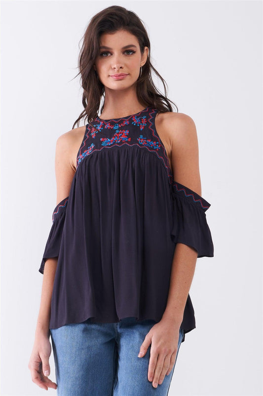 Dark Navy Off-The-Shoulder Angel Mini Sleeve Embroidered Trim Detail Babydoll Top /1-2-2-1