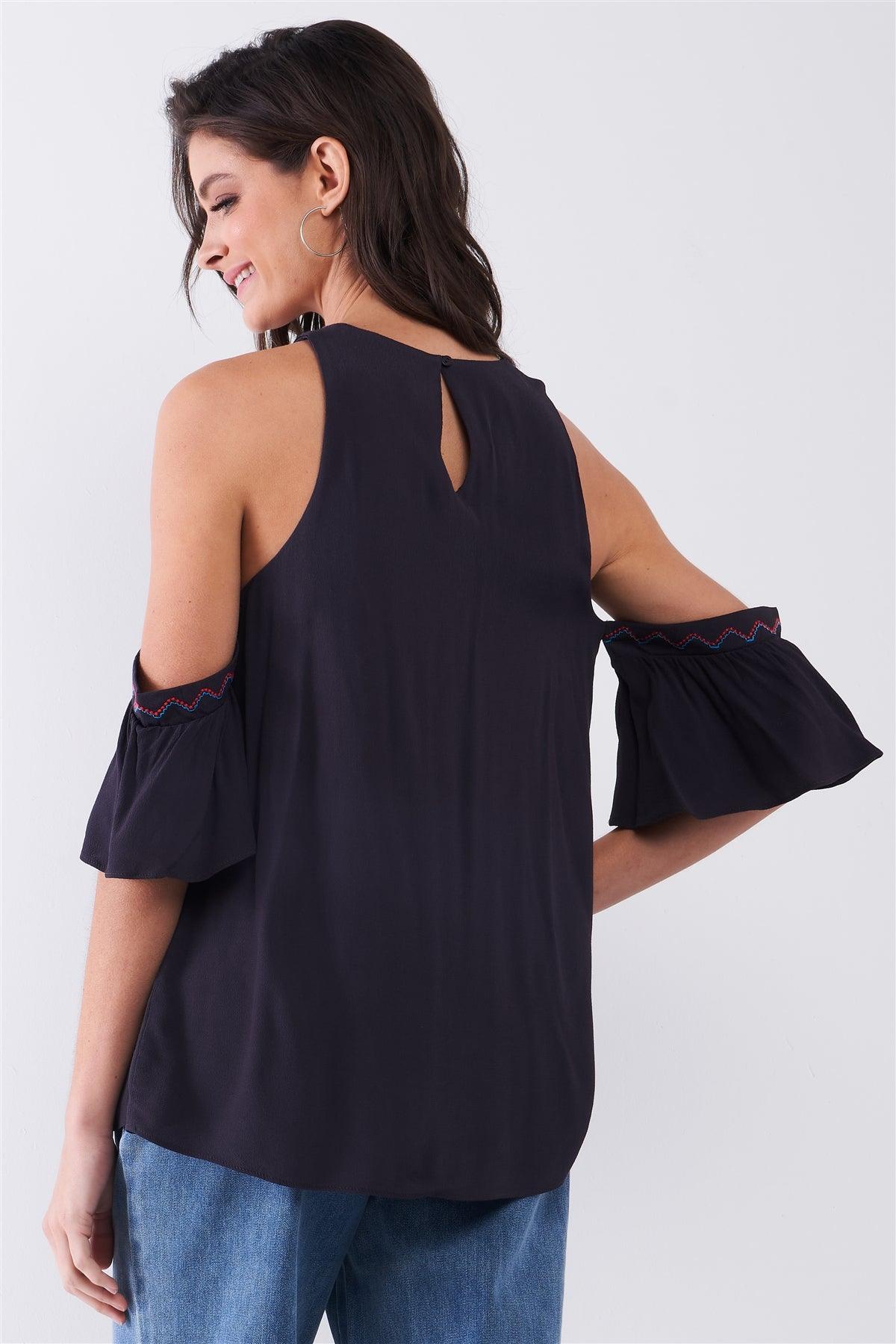 Dark Navy Off-The-Shoulder Angel Mini Sleeve Embroidered Trim Detail Babydoll Top /2-2-2