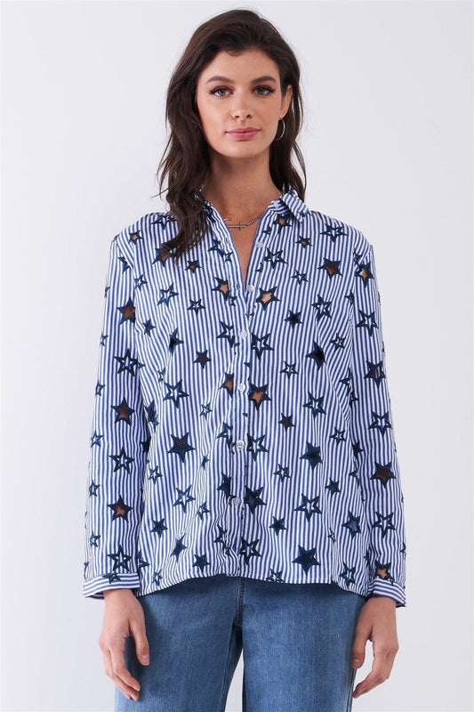 Navy Striped Cut-Out Star Embroidery Long Sleeve Button Down Shirt /2-2-2