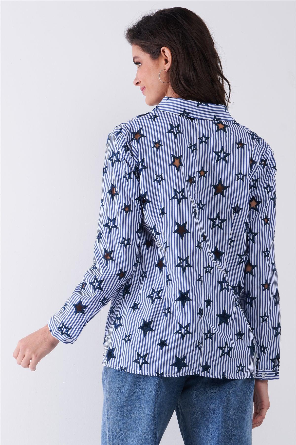 Navy Striped Cut-Out Star Embroidery Long Sleeve Button Down Shirt /2-2-2