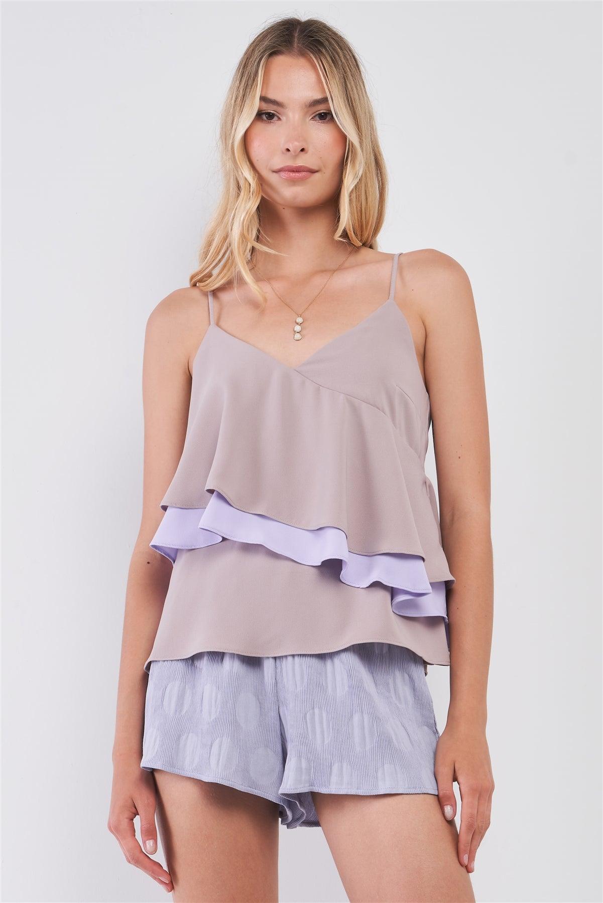 Grey & Lavender Asymmetric Layered Sleeveless V-Neck Flounce Top /1-2-2-1